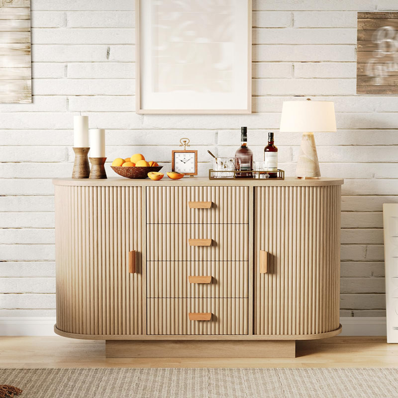 47in Sideboard Buffet Cabinet, Kitchen Fluted Coffee Bar Storage Console Cabinet with Arched Sliding Doors 4 Drawers for Living Dining Room Hallway Entryway