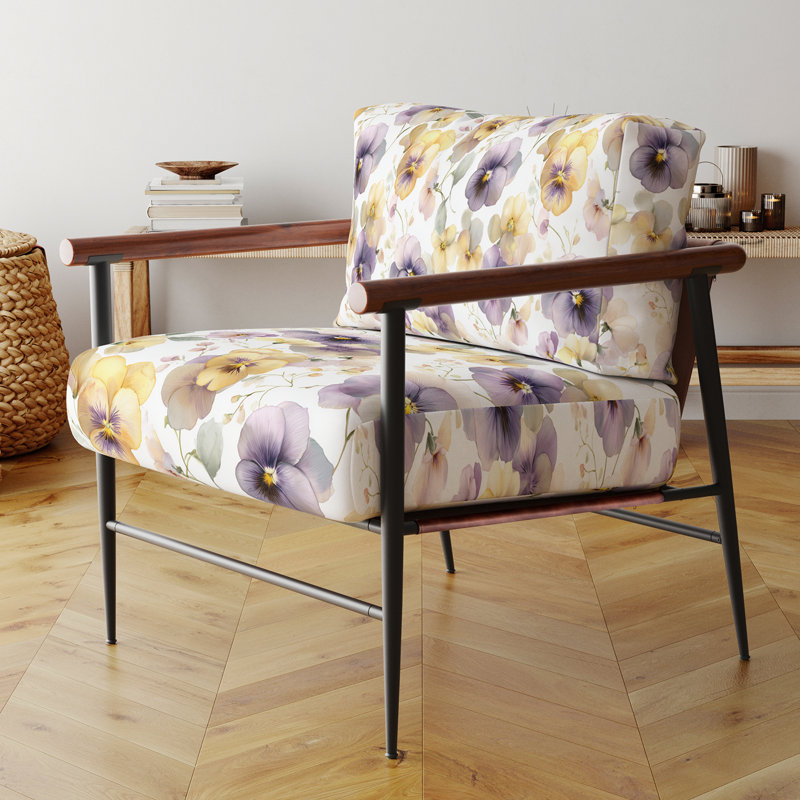 Chaise d'appoint florale - Fauteuil pastel Pansy Harmony, Bras ronds bruns