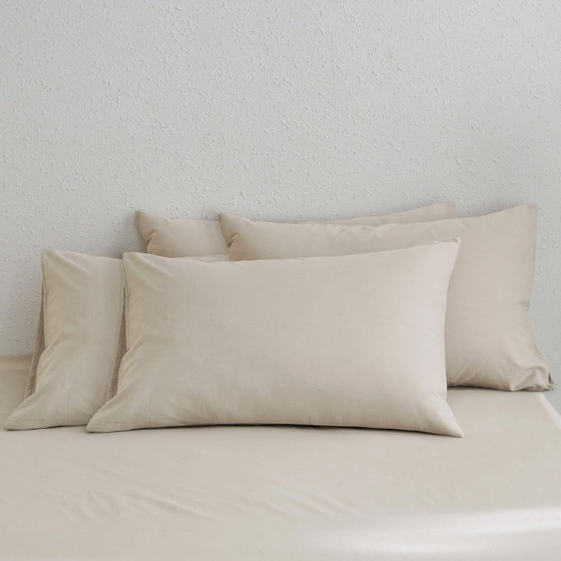 Taies d'oreiller 100% coton lavé MooMee, Ensemble de taies d'oreiller standard, Lait d'amande, gris
