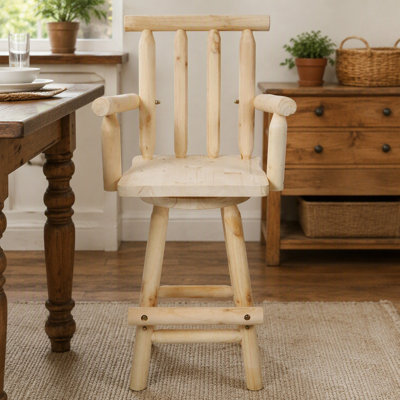 Rustic Bar Stool - Fir Wood Construction, Chair with Footrest,Wide Armrest, Rustic Kitchen Stool, Tall Bistro Chair
