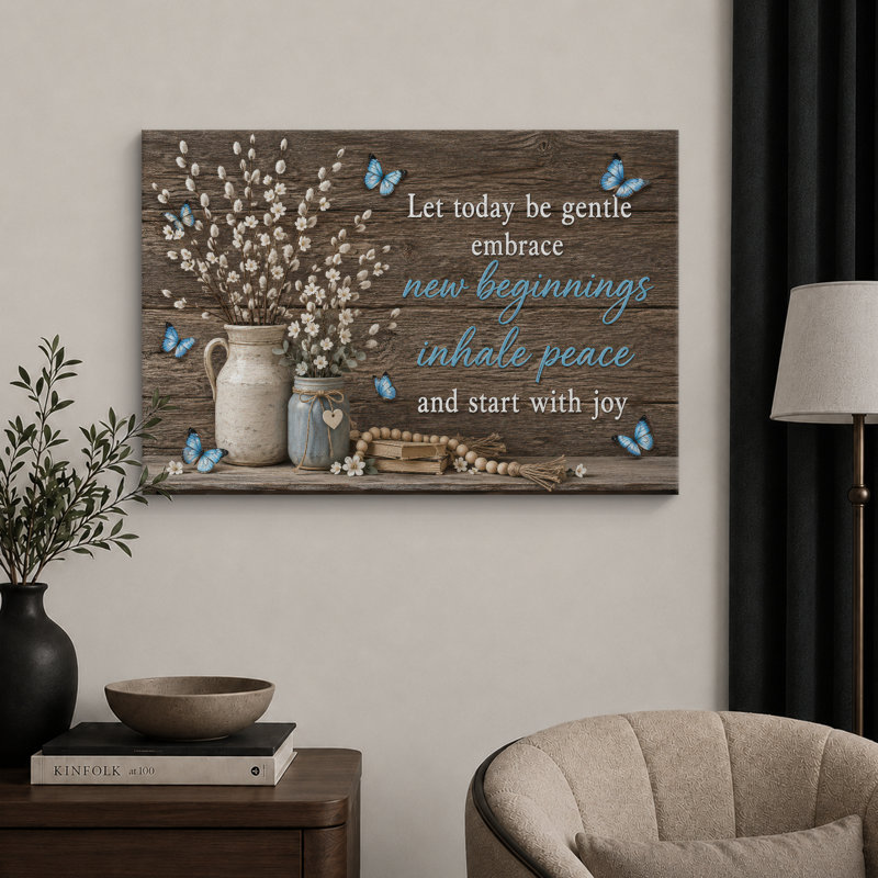 «New Beginnings Inhale Peace», impression de citation de papillon bleu, H 16 po x l 24 po x P 1,5 po, Toile tendue