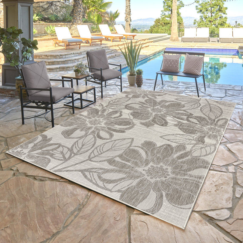 Tropea Arda All-Weather Flatweave Indoor/Outdoor Area Rug, Silver Gray Bold Floral – Patio, Deck, Porch & Poolside