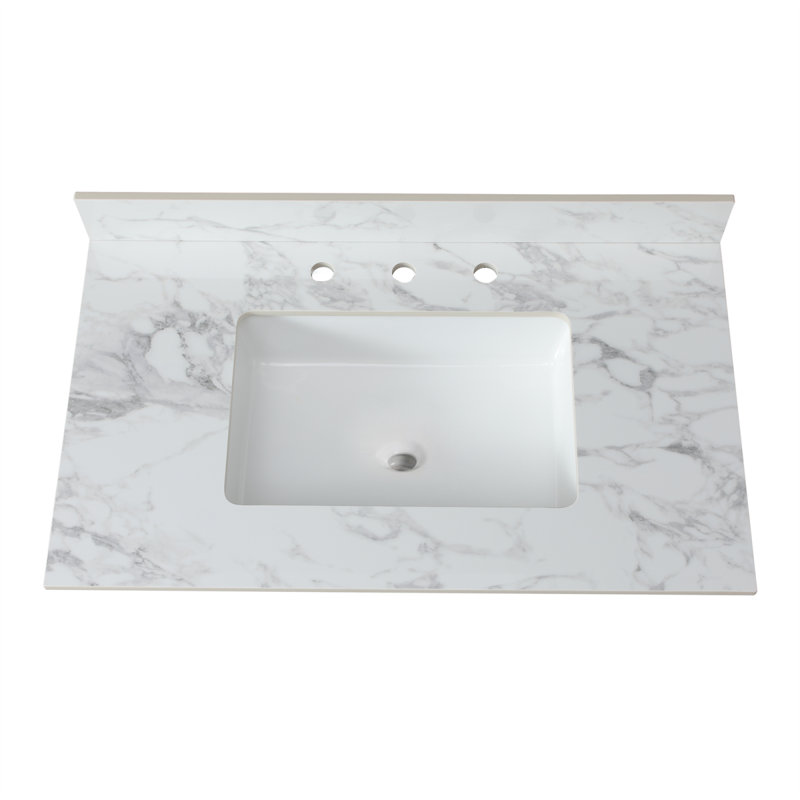 Bathroom Vanity Top,Sintered Stone Carra Barthroom Vanity Sink Tops With Rectangular Undermount Ceramic Sink With Vanity Backsplash,  Faucet Hole Bathroom Vanity Countertop