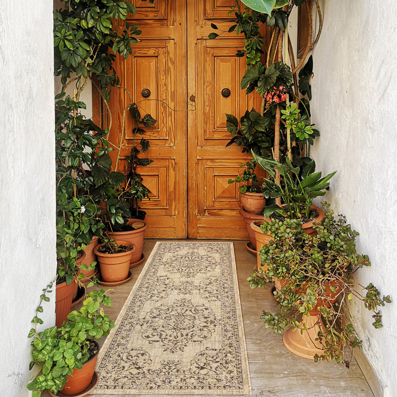Paseo Ryoan Beige/Brown Traditional Medallion Flatweave Indoor/Outdoor Area Rug, Runner 2'2" x 6'