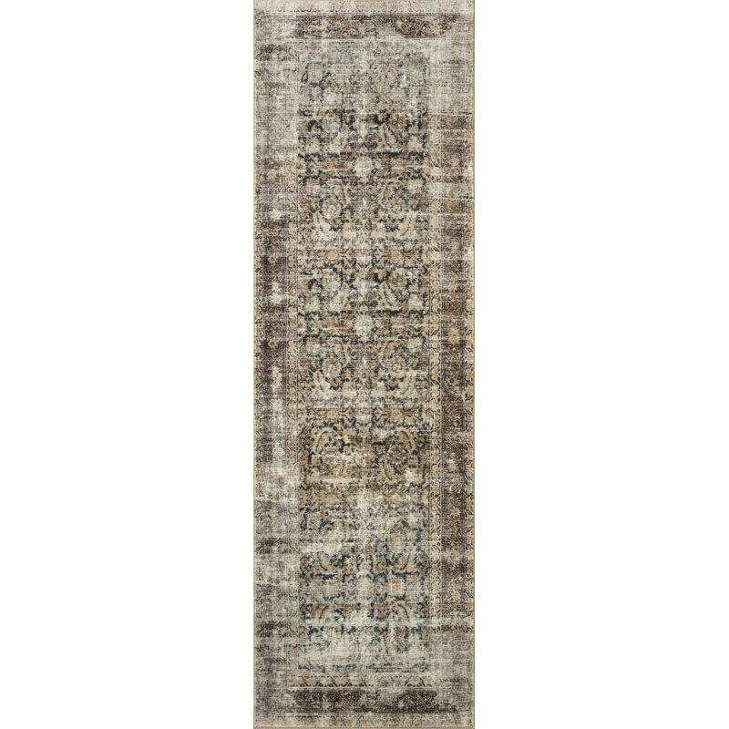Navy and Sand Wool Runner Rug with Vintage Design