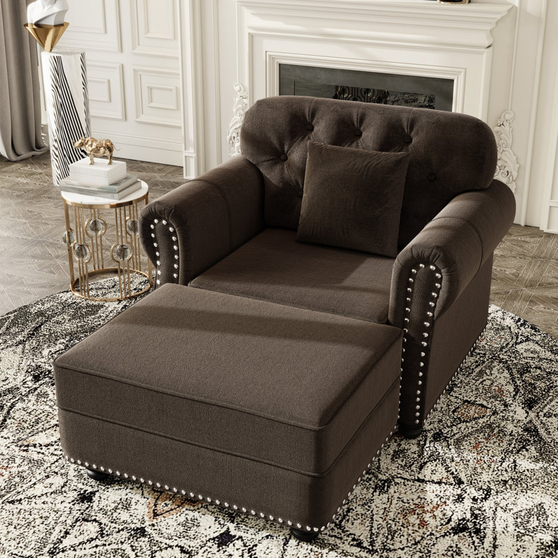Velours tapissier simple de 41,3 po, brun, style moderne Mid-Century, garniture cloutée, roulé, bouton, cadre, rembourrage à ressorts et éponge brun