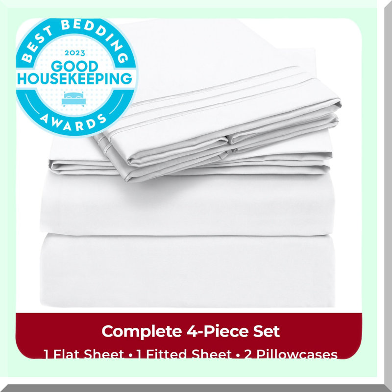 LuxuryCool Queen Bedding Set - 4 PC Iconic Collection Sheets & Pillowcases - Hotel Quality Soft Cooling Sheets - Deep Pocket - Wrinkle, Fade, Stain Resistant - White
