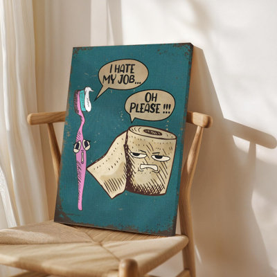 Toothbrush complains to toilet paper roll, Comic Book Art Style. Framed Canvas Wall Art - 24" x 36", 1" Thick Solid Wood Frame for Living Room or Bedroom