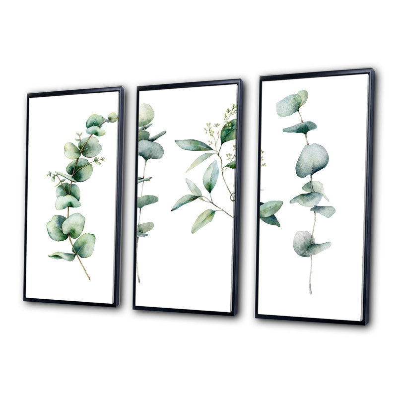 Green Eucalyptus Branches I - 3 pièces, peinture sur toile à cadre flottant, Noir, noir, noir, noir, H 28 po x l 36 po