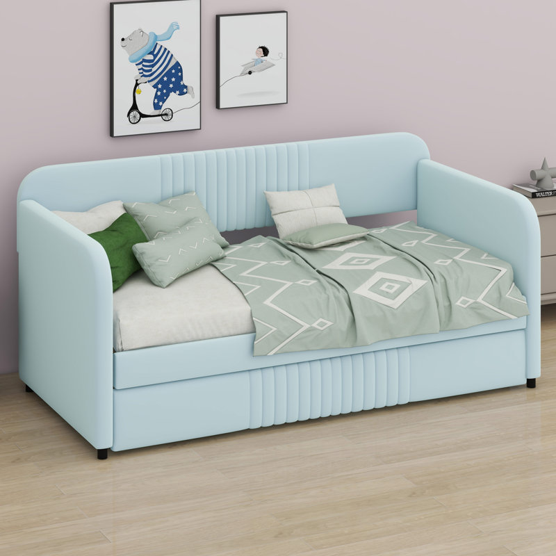 Upholstered Daybed Sofa Bed With Trundle Bed, Light Blue