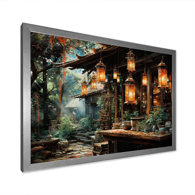 Japon Art Paper Lantern Glow IV - Japanese Canvas Wall Art, Cadre simple argenté, H 34 po x l 44 po x P 1,5 po