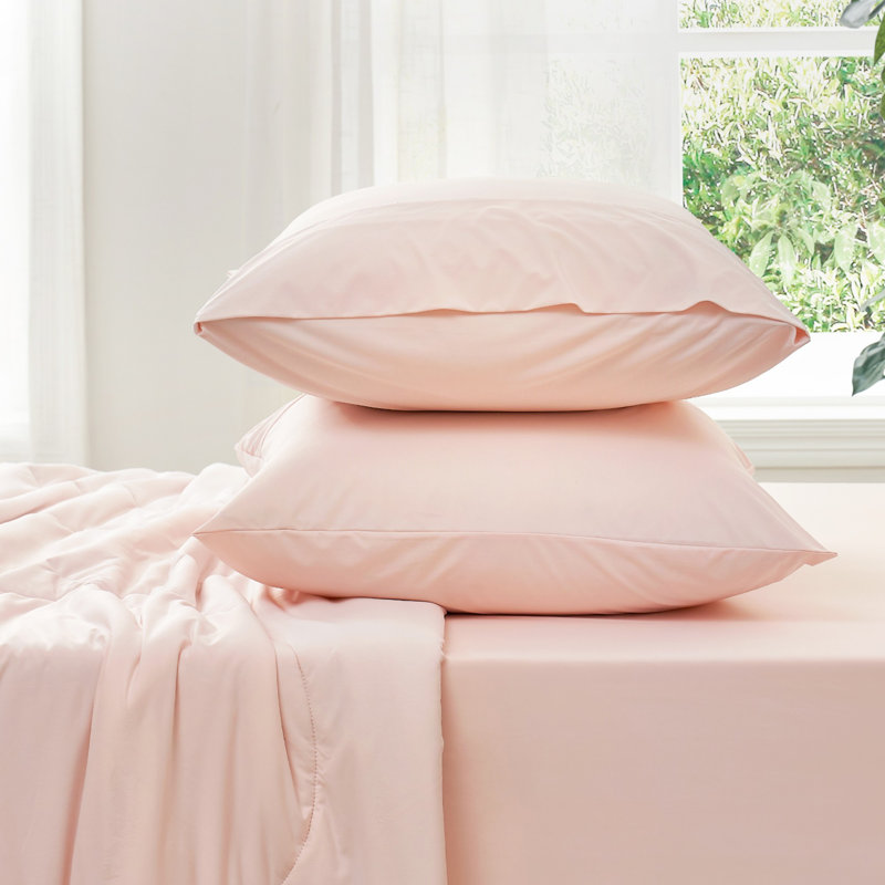 Cooling Fitted Sheet Set With 2 Pillowcases, 3PCS Breathable Sheet Set with Deep Pocket For Hot Sleepers, Pink, Queen