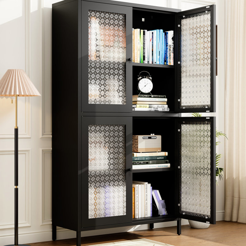 Armoire en métal noir avec 4 tablettes et portes en verre trempé - autoportante pour le bureau, le salon, la cuisine