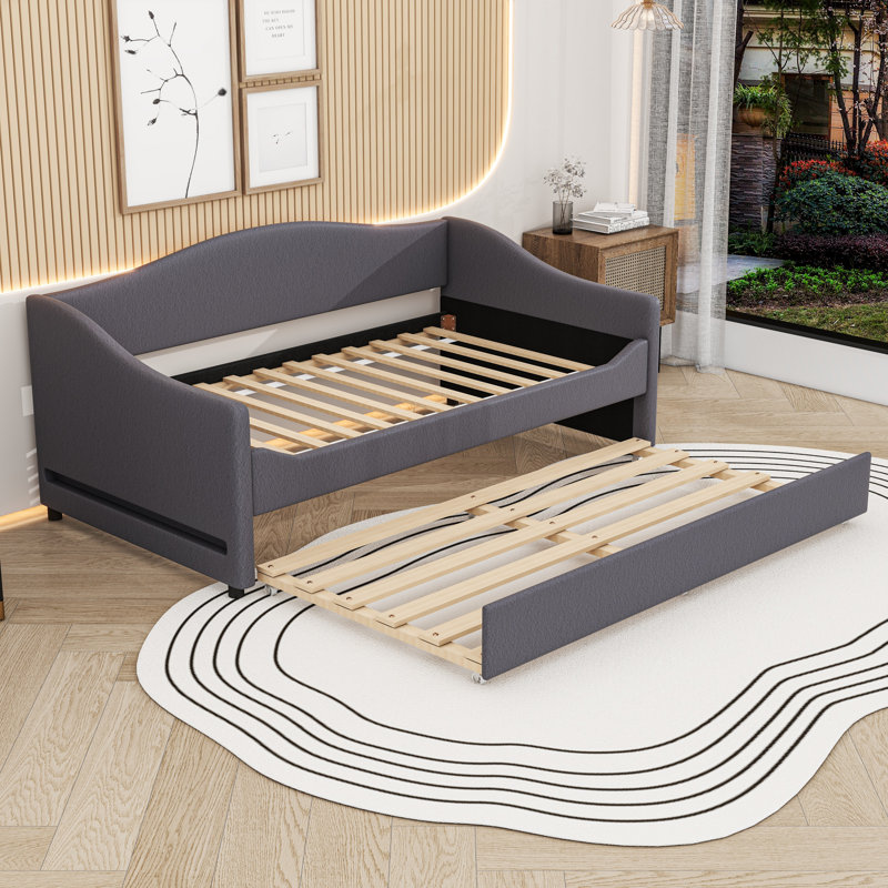 Upholstered Daybed with Trundle and LED Lights, Gray, Twin