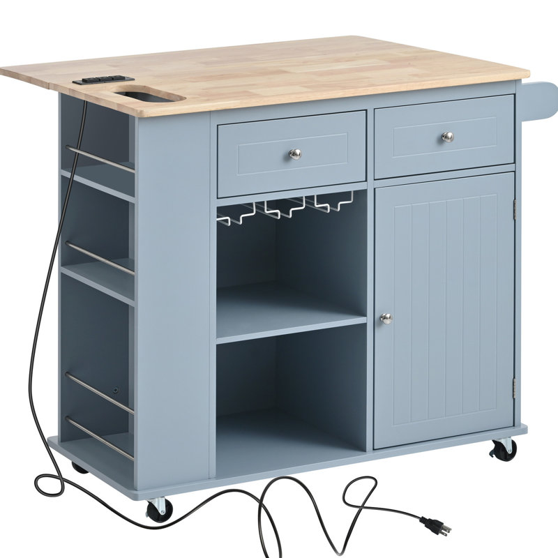 Îlot de cuisine avec prise de courant et structure à rallonge pliante, bleu gris, 5 roues, rangement ouvert, porte-gobelet à vin pour la maison