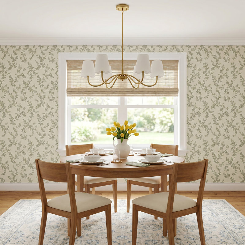 5-Light Chandelier with Fabric Shades, Polished Brass, White 