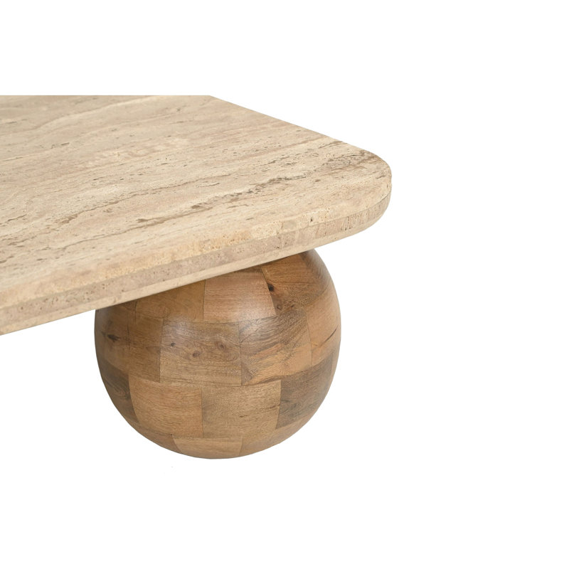Table basse Cid Drift, plateau carré en marbre beige de 36 pouces, bois massif brun