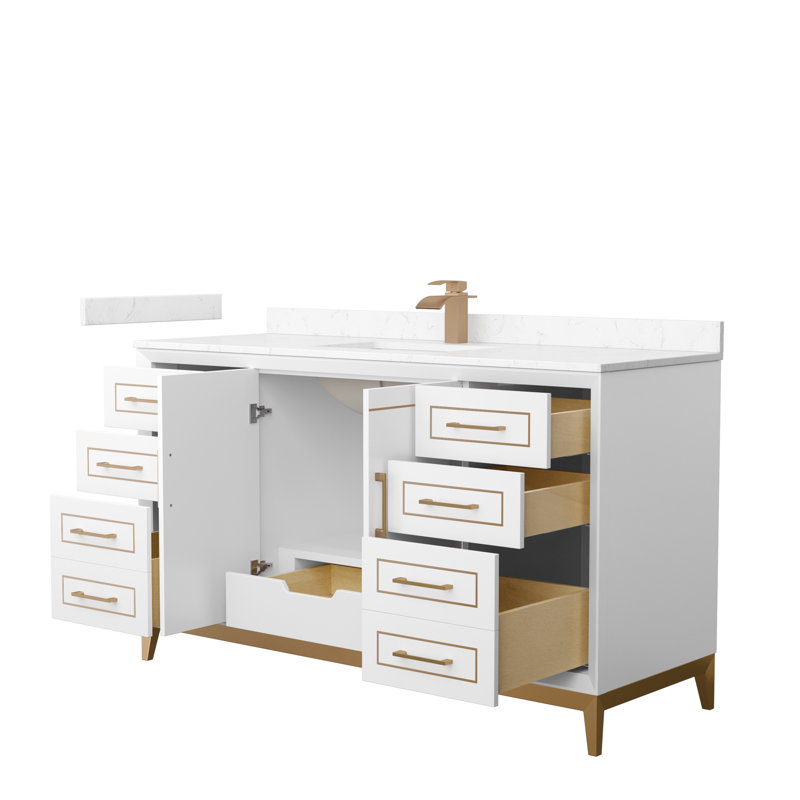 Marlena 60-Inch White Vanity with Cultured Marble Top and Satin Bronze Hardware