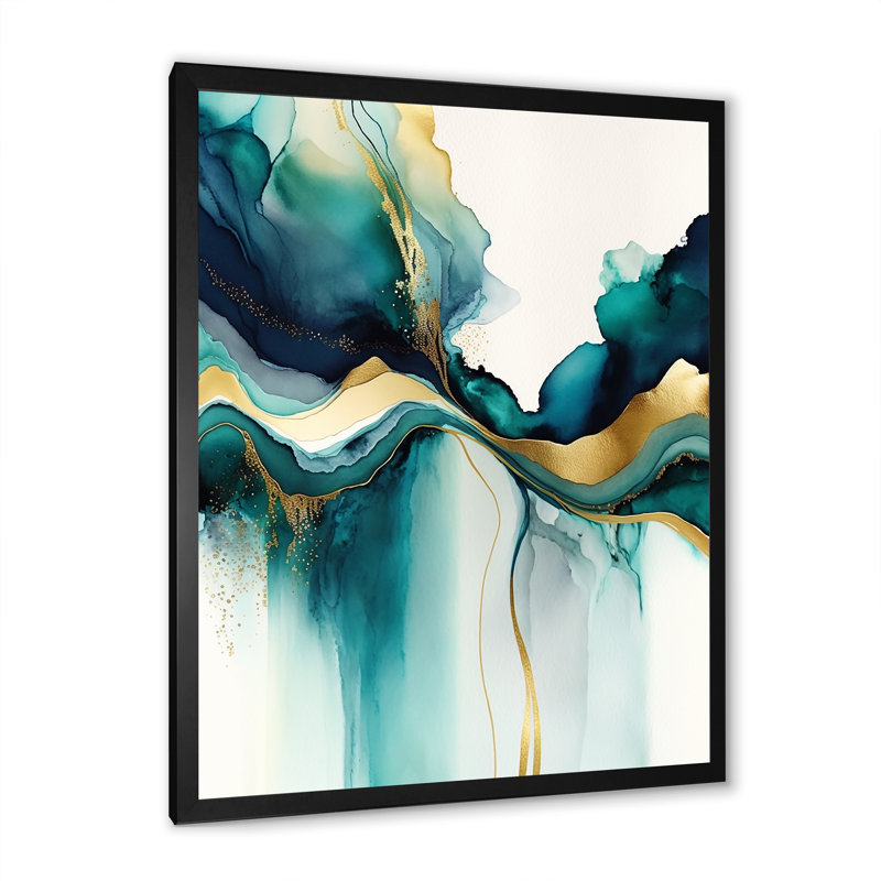 «Teal and Gold Abstract Expression I», art mural abstrait à l'encre liquide, Toile avec cadre photo noir, L 12 po x H 20 po