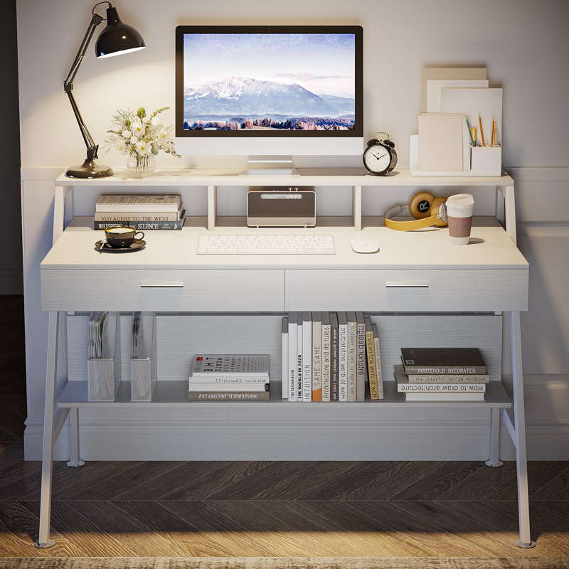 Bureau d'écriture avec tiroirs Octavion, bureau d'ordinateur avec base en métal, Blanc