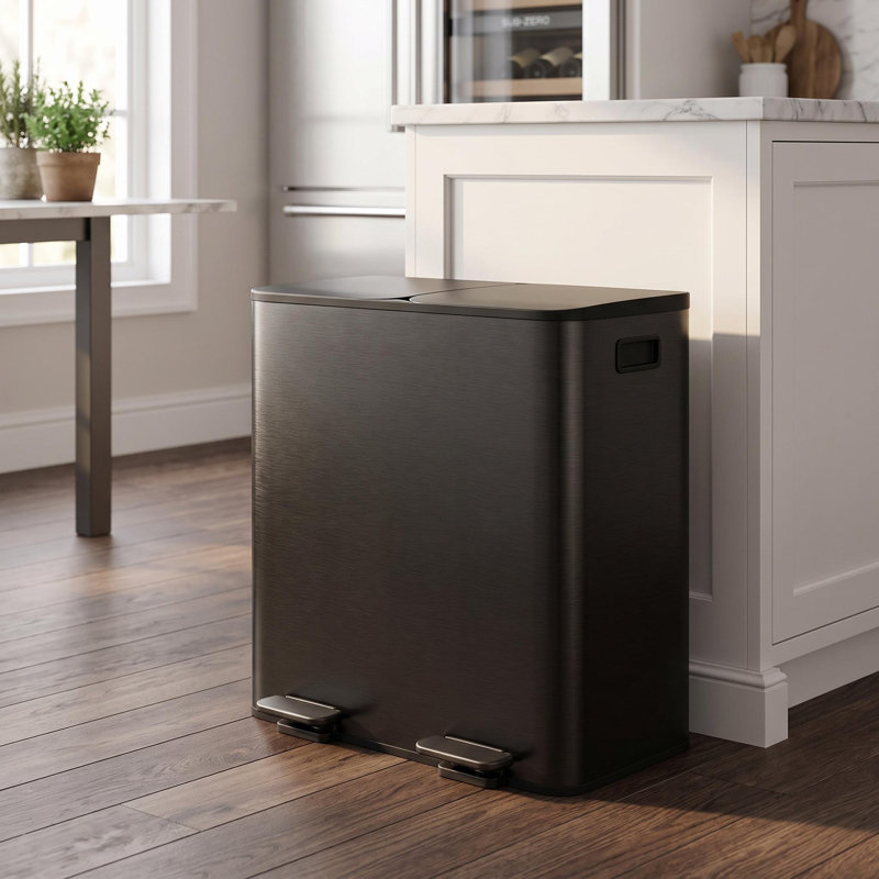 2 poubelles de cuisine en acier inoxydable à deux compartiments avec bac à recyclage, 10, Black