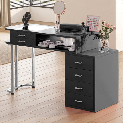 Manicure Nail Table with Dust Collector, Wrist Cushion and Large Drawers White/Black