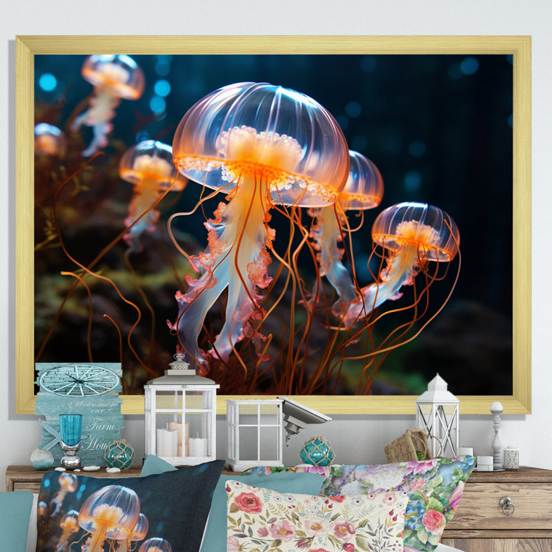 Méduse Oceans Glow II - imprimé, H 24 po x l 32 po x P 1 po, Cadre doré à une seule photo