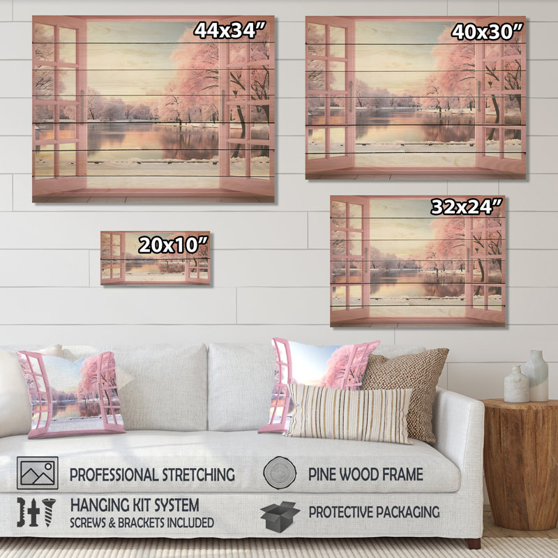 Pink Winter Window By The Lake - Winter Landscape On Wood Print, 10" H x 20" W x 0.78" D