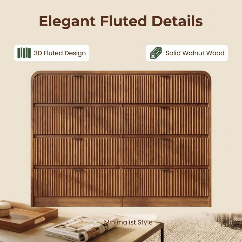 Commode cannelée moderne avec 8 tiroirs de largeur en bois à bord arrondi pour le salon, le couloir, le mobilier de chambre à coucher