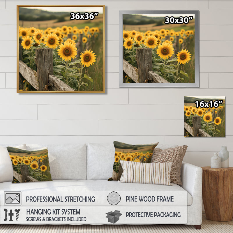Doro Sunflowers Beside The Farm Fence IV - Art mural tournesols, H 16 po x l 16 po, Impression encadrée flottante