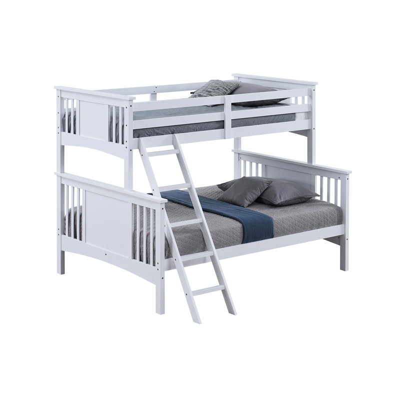 Lit superposé simple au-dessus d'un lit double au fini blanc avec style transitionnel, angle, bois massif et bois d'ingénierie, joint de serrure pour configuration de chambre à coucher avec raccord d'insertion