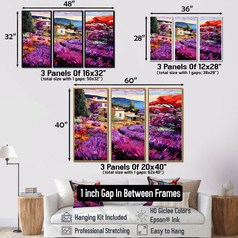 «White Cottage In Blossoming Lavender Fields» - ensemble de reproductions d'art mural champs de lavande, Cadre flottant doré