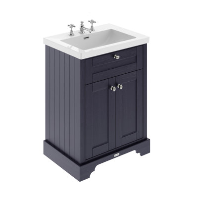 Old London 600mm Storm Grey 2 Door Floor Standing Vanity Unit With 3 Tap Holes Fireclay Basin