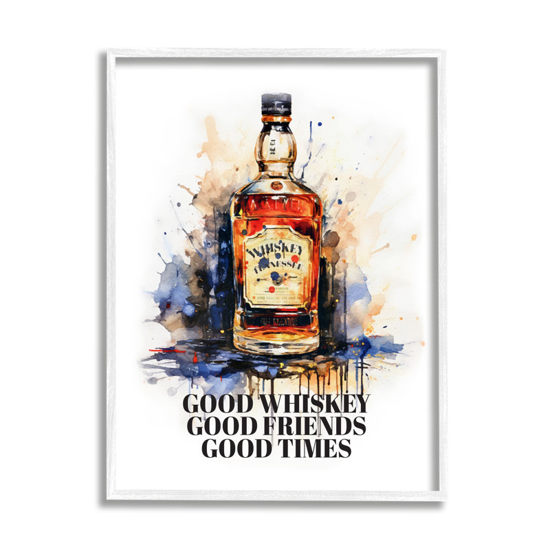 «Good Whiskey And Friends» par Amanda Greenwood, H 20 po x l 16 po x P 1,5 po, Giclée encadrée blanc bord de mer