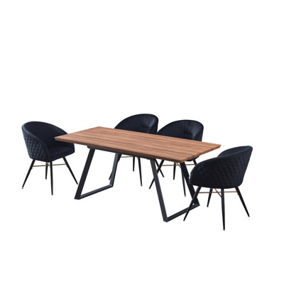Goddard 4 Person Dining set - a Rectangular Extendable Dining Table with Metal Legs and a Set of 4 Quilted Velvet Dining Chairs for Dining Room - Modern Dining Table Set