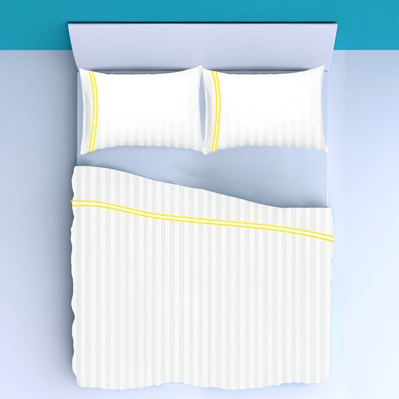 400TC Double Embroidery Sateen Stripe Cotton 4 Piece Sheet Set Fitted Sheet Fits Upto 16" Deep Pocket, Yellow/White