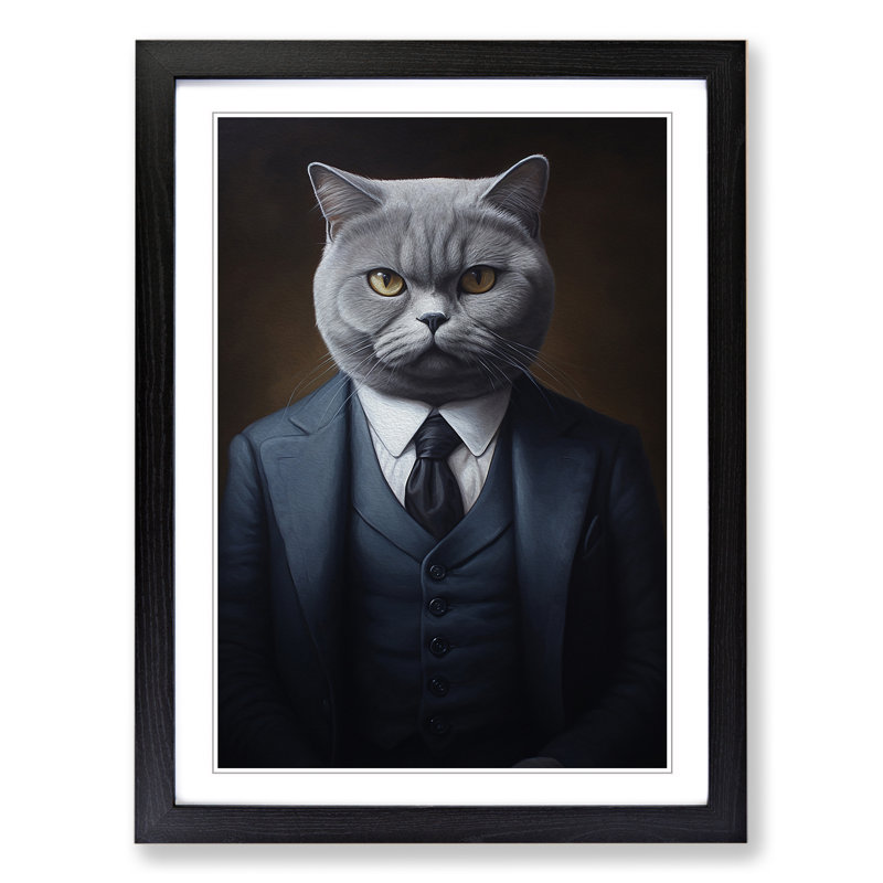 British Shorthair Cat in a Suit Painting - Framed Print, Black Framed, 64cm H x 46cm W x 2cm D