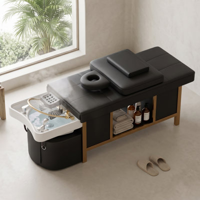 Black 2-in-1 Shampoo and Massage Bed with Waterfall Head Spa Equipment– Reinforced Shampoo Bowl & Storage Shelf, Salon & Home Use