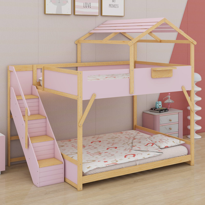 Lit superposé moderne en bois avec escalier sécuritaire et lumières DEL, Double sur double, Rose