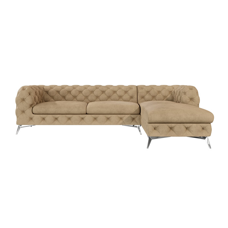 Corner Chaise Chesterfield Sofa  with Silver Metal Legs, Beige, Right Hand Facing