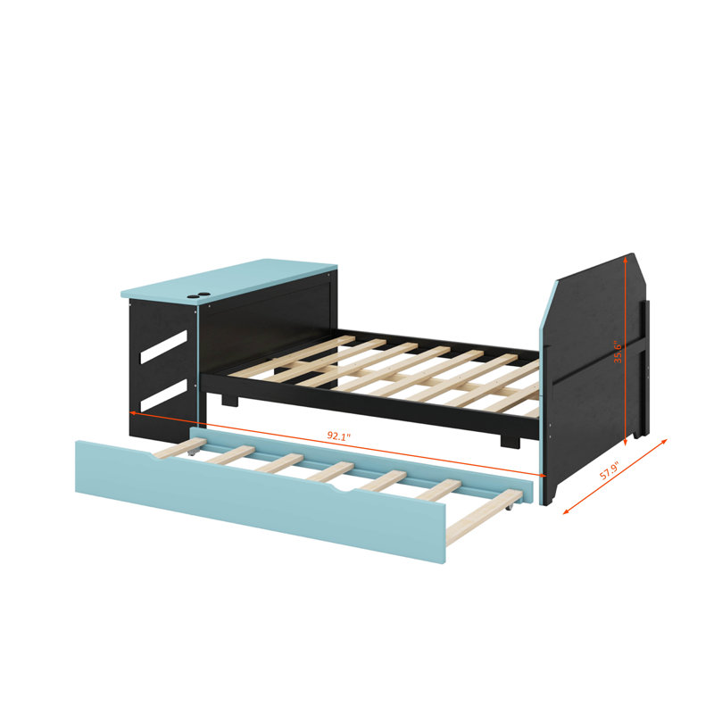 Full Size Daybed With Trundle, Desk & USB Port - Modern Wood Platform Bed, Cloud Blue