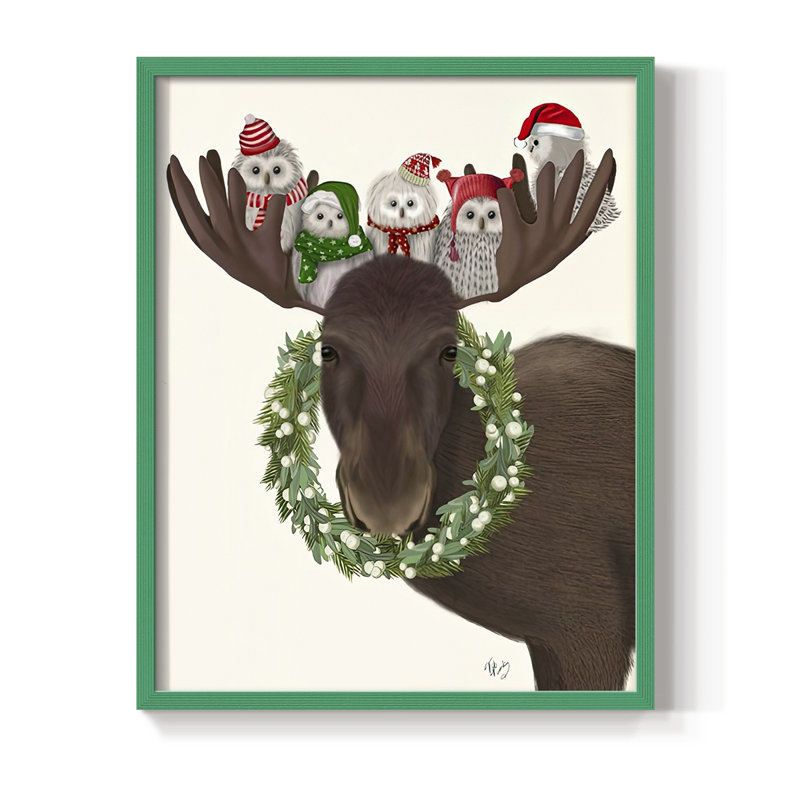 «Christmas Moose and Christmas Owls», reproduction encadrée - bois massif, H 21 po x l 17 po, Vert