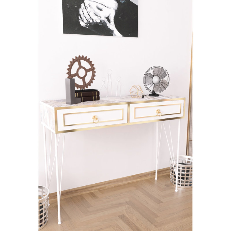 Console en blanc, pieds en métal, base en bois, 45,69 po Profondeur, 14,27 de largeur, 35,74 de hauteur de table, base et 47 14 35