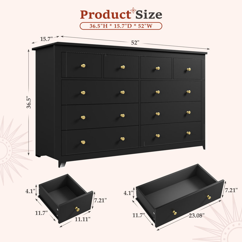 Eathen 52.2"W 10 Drawer Double Dresser, Black