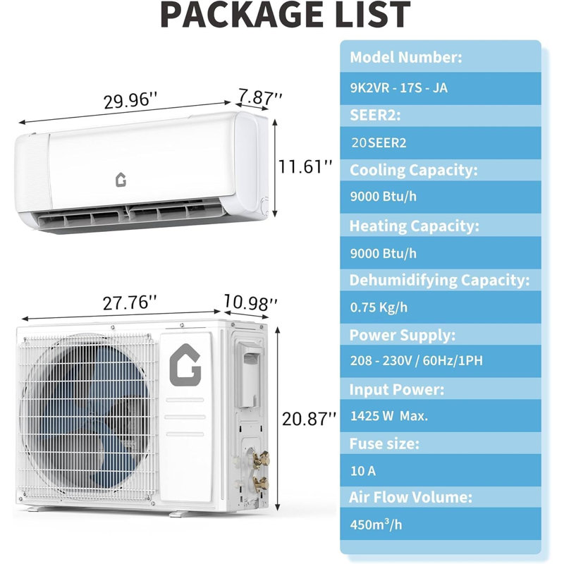 Mini climatiseur à deux blocs de 9 000 BTU, système de chauffage et de refroidissement, 230 V, 20 SEER2, climatiseur sans conduit avec pompe à chaleur, réfrigérant R32, fonctionnement silencieux, télécommande et contrôle WiFi
