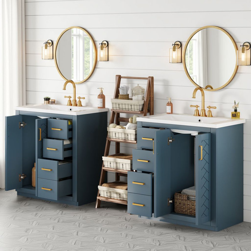 Ensemble de meuble-lavabo double 60 po avec deux lavabos en céramique, une armoire de rangement avec 6 tiroirs et 4 portes à fermeture en douceur