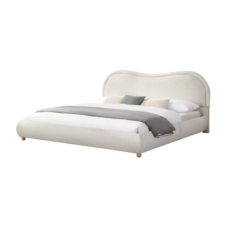 Chenille Platform Bed Frame With Rounded Corners Curved Headboard & Oak Solid Wood Legs, No Box Spring Needed, King, Beige