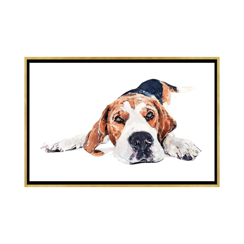 « Beagle Play Time » par Edwatercolours-impression, Pas de tapis, H 18 po x l 26 po x P 1,5 po, Toile encadrée d'or