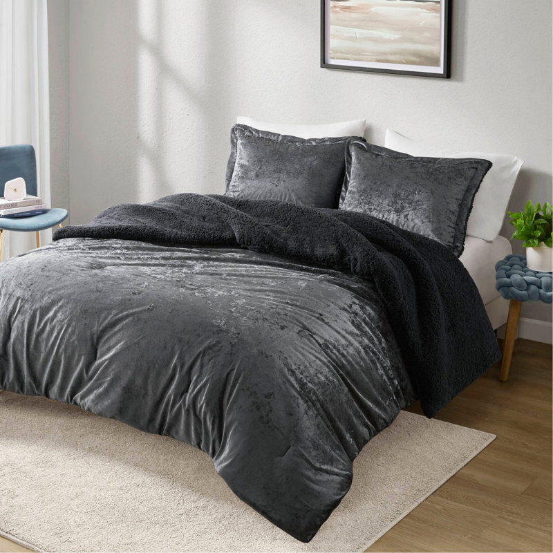 Ensemble d'édredon réversible en sherpa 3 pièces, Gris anthracite, Édredon double et 2 taies décoratives