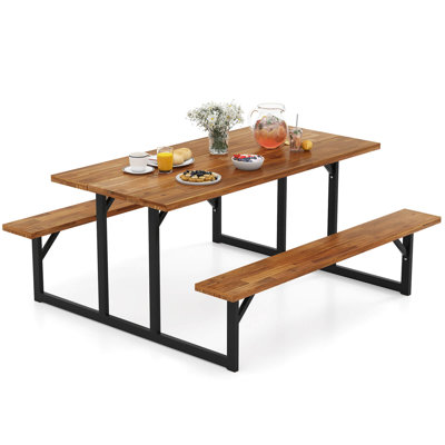 6-Person Acacia Wood Picnic Table with 2 Built-In Benches Umbrella Hole Metal Frame by 17 Stories